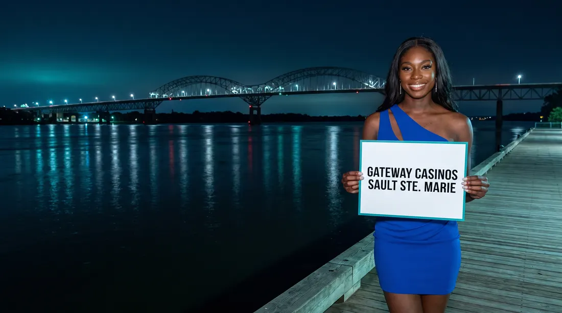 Image générée : le personnage du guide, une jeune femme en minirobe bleu cobalt, sur une promenade au bord de la rivière, la nuit. Elle tient une carte où on lit Gateway Casinos Sault Ste. Marie. Derrière elle, un long pont d'acier en arc est illuminé de l'autre côté de la rivière.